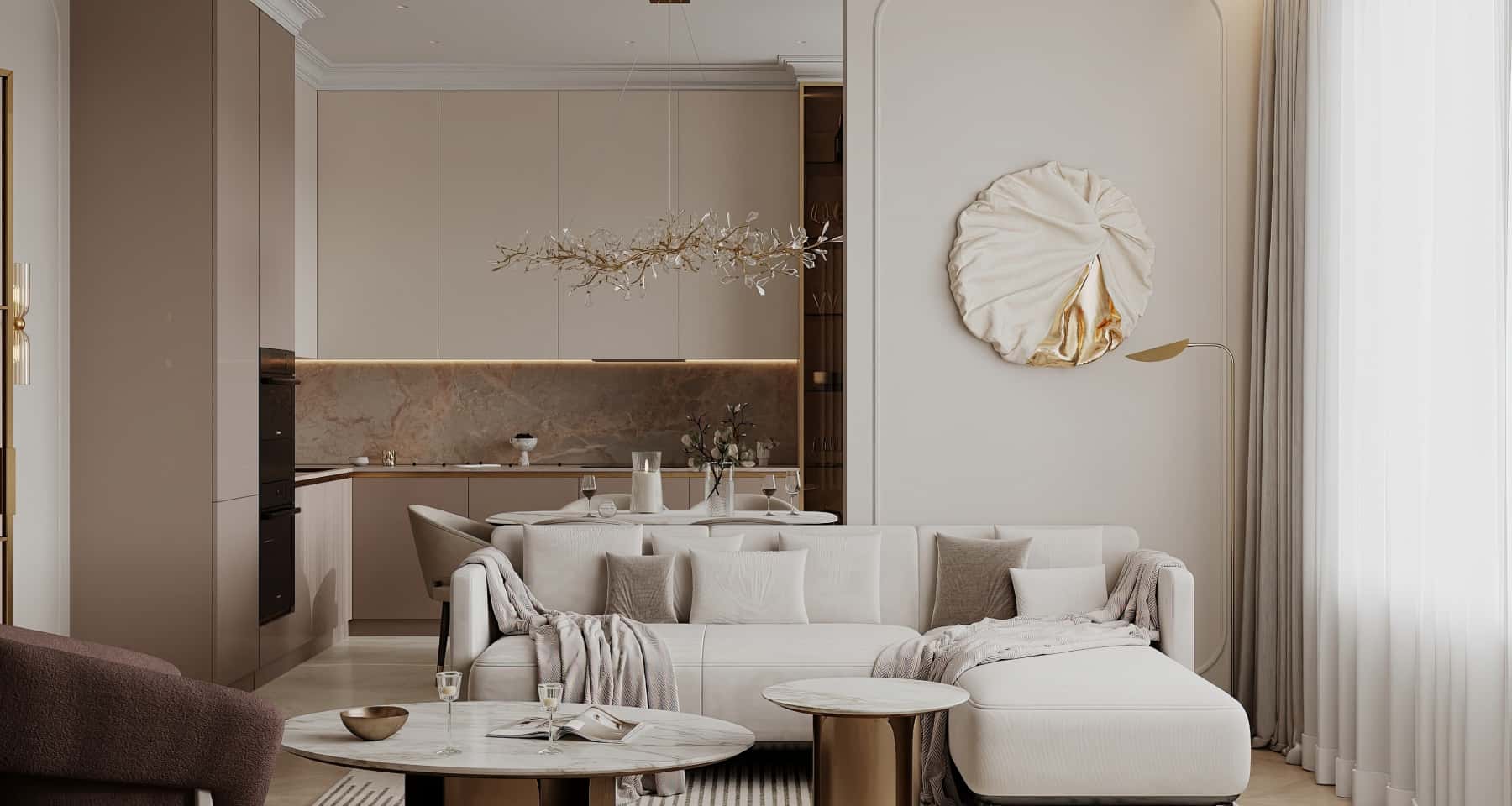 Дизайн світлої кухні в пастельних тонах з акцентом на натуральні матеріали.