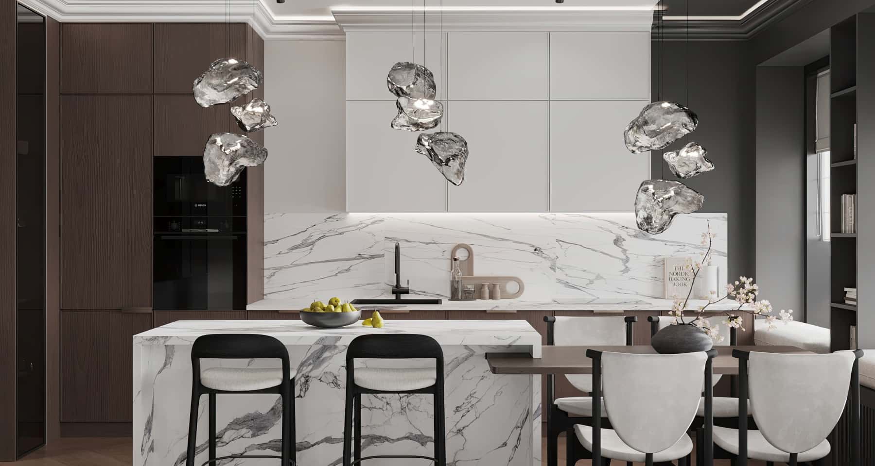 Мінімалістична кухня в світлих тонах з гладкими фасадами та вбудованою технікою