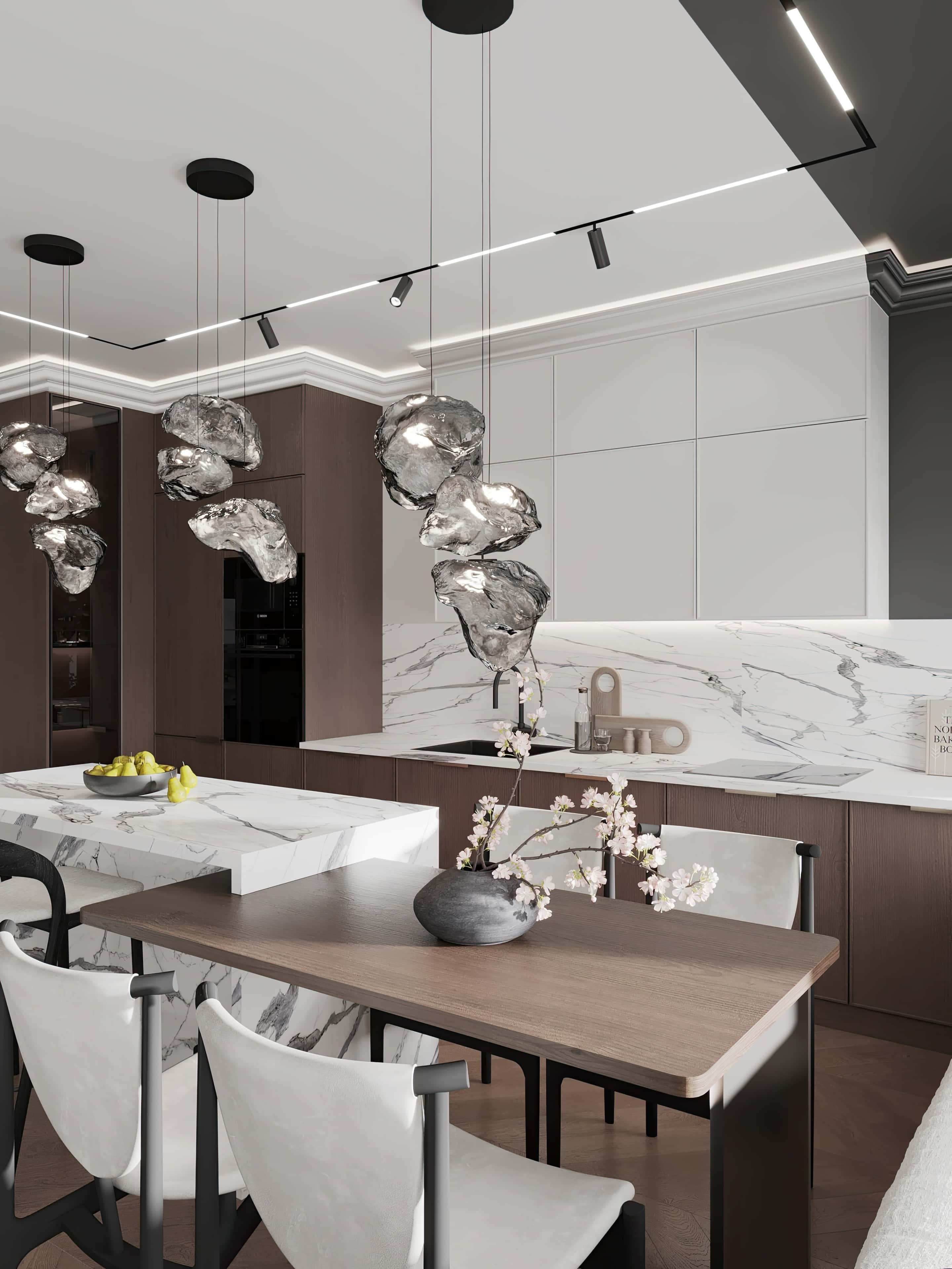 Сучасна світла кухня з великою кількістю природного освітлення та зеленими рослинами