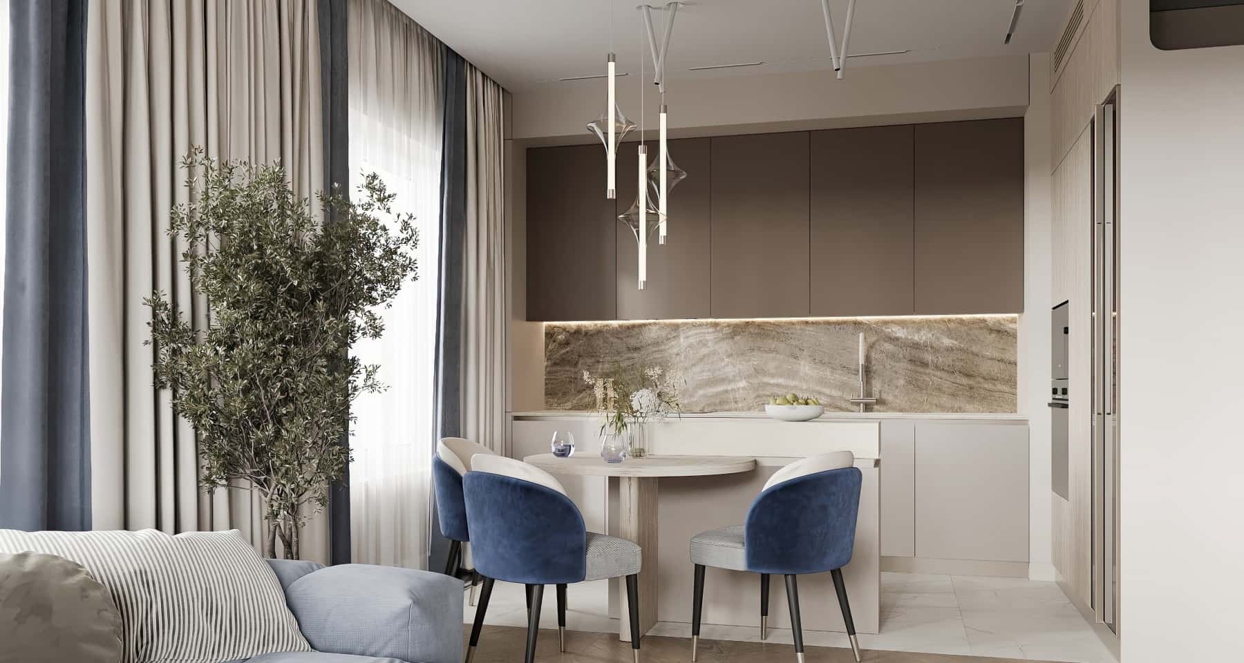 Кухня в світлих тонах з відкритими полицями та декоративними елементами