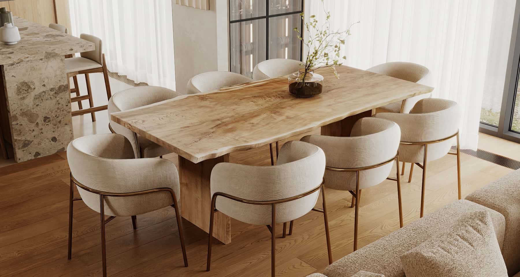 Інтер'єр сучасної кухні арт-деко 2026 у світлих відтінках з велюровими стільцями.