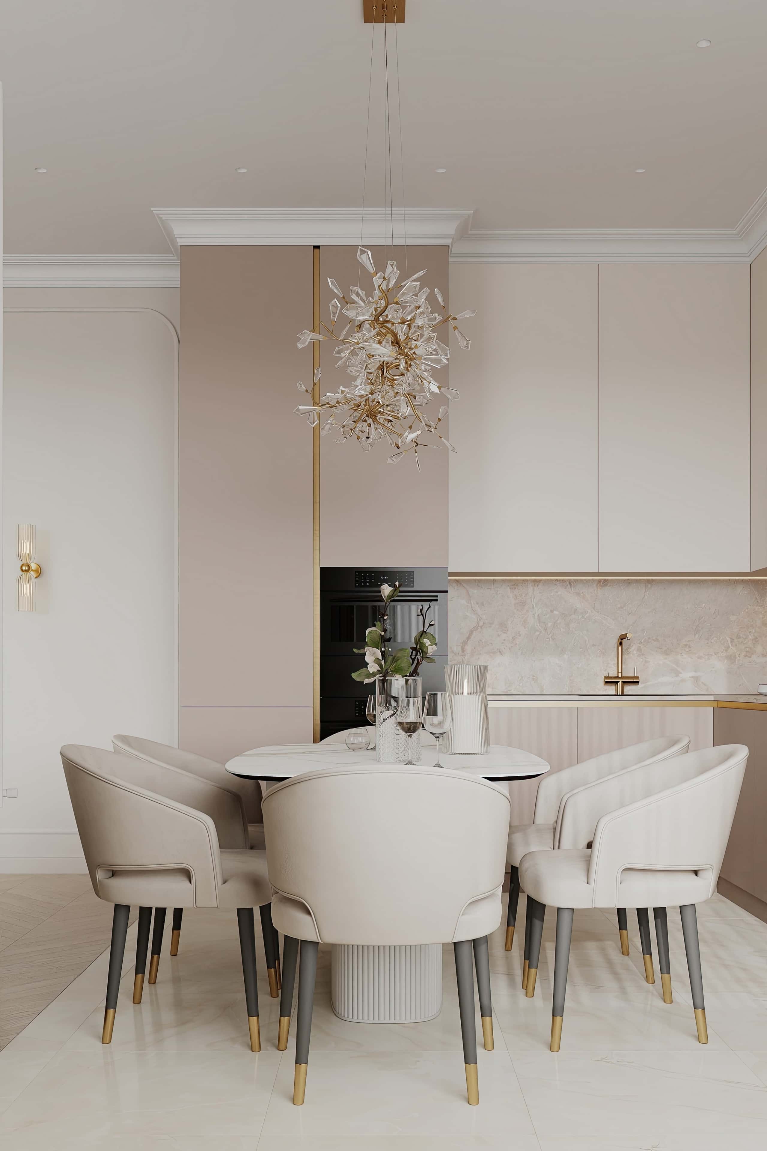 Неокласична кухня в світлих тонах з островом та елегантними деталями