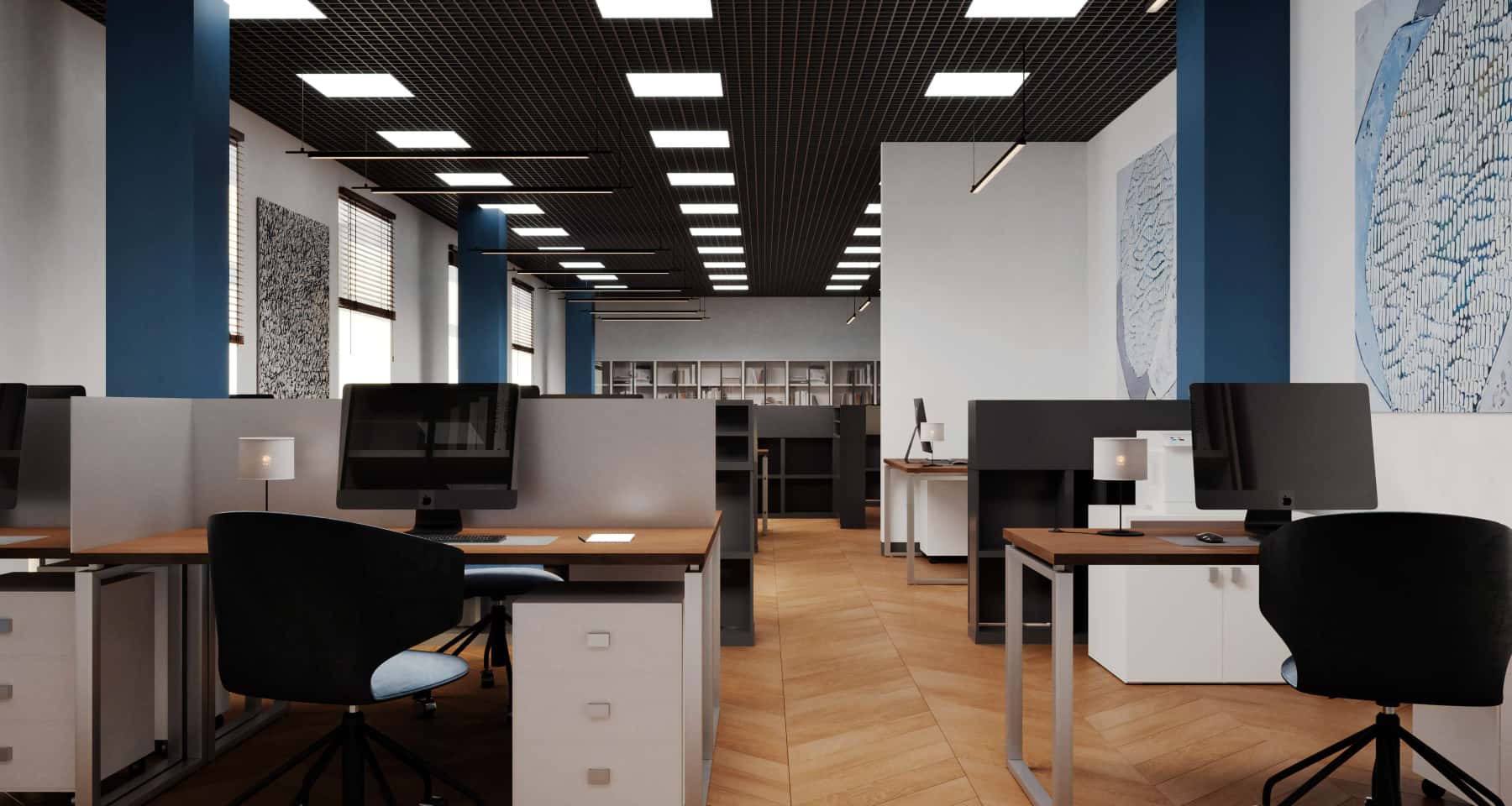 Сучасний дизайн офісу 2026: креативна зона відпочинку з м'якими меблями та рослинами.