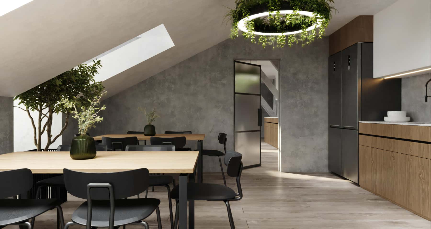 Зображення офісу з перегородками з матового скла та сучасними меблями