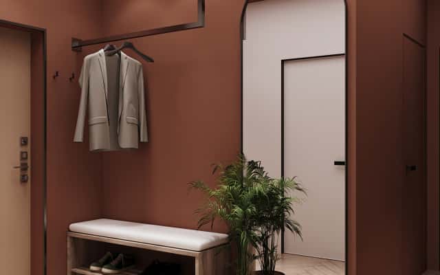 Дизайн проект трикімнатної квартири 2026: коридор з дзеркальною шафою-купе та освітленням.