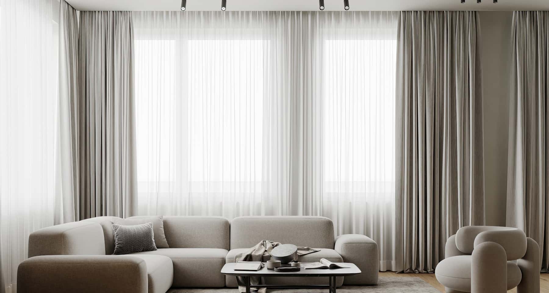 Сучасний дизайн трикімнатної квартири 2026 року: вітальня з великим вікном та мінімалістичним декором.