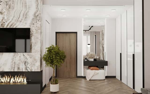 Бежево-коричневий дизайн трикімнатної квартири зі світлою кухнею