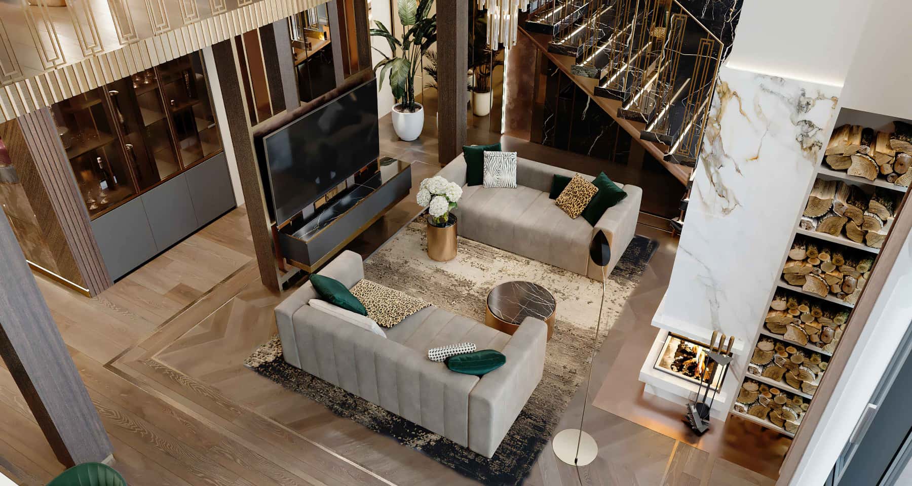 Розкішний дизайн вітальні з каміном у неокласичному стилі, 2026