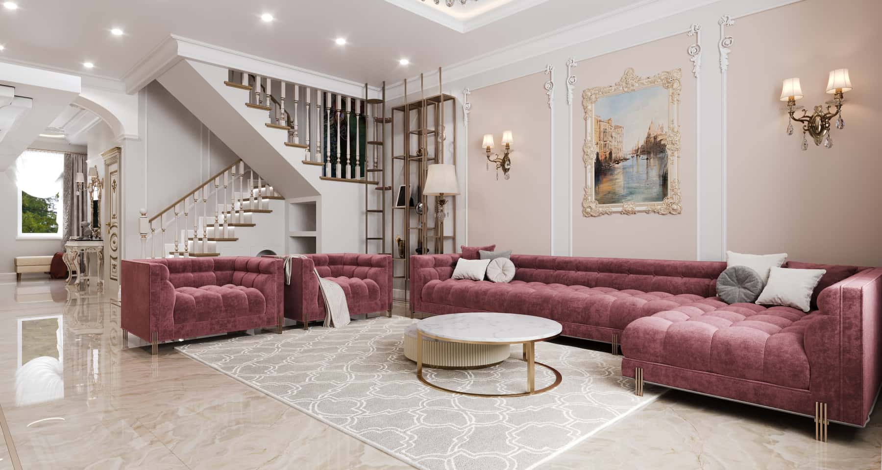 Дизайн інтер'єру 2026: Яскравий лофт з бірюзовим кутовим диваном та велюровою оббивкою.