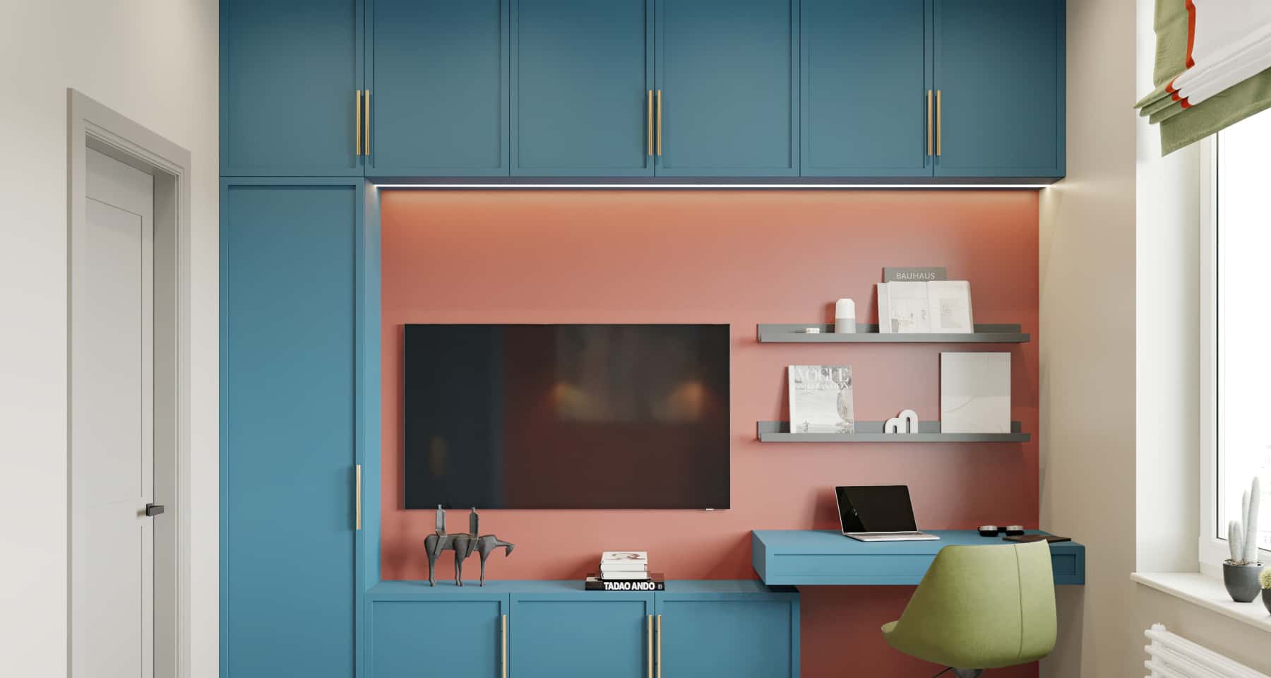 Сучасний інтер'єр спальні з використанням синіх і зелених кольорів, дизайн 2026