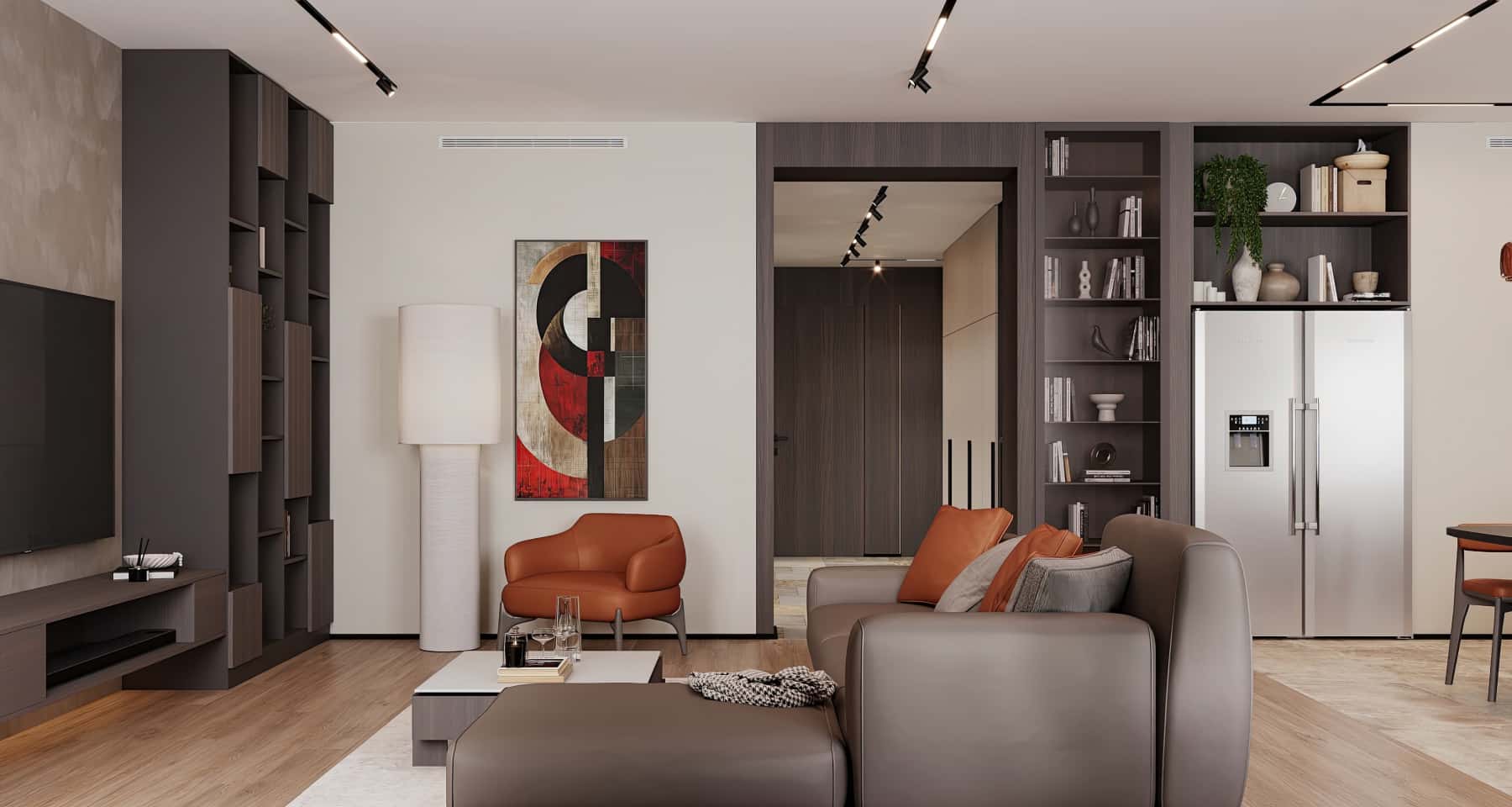 Коричнева гармонія 2026 Гармонійний дизайн квартири 2026 з використанням коричневих елементів у декорі та меблях.