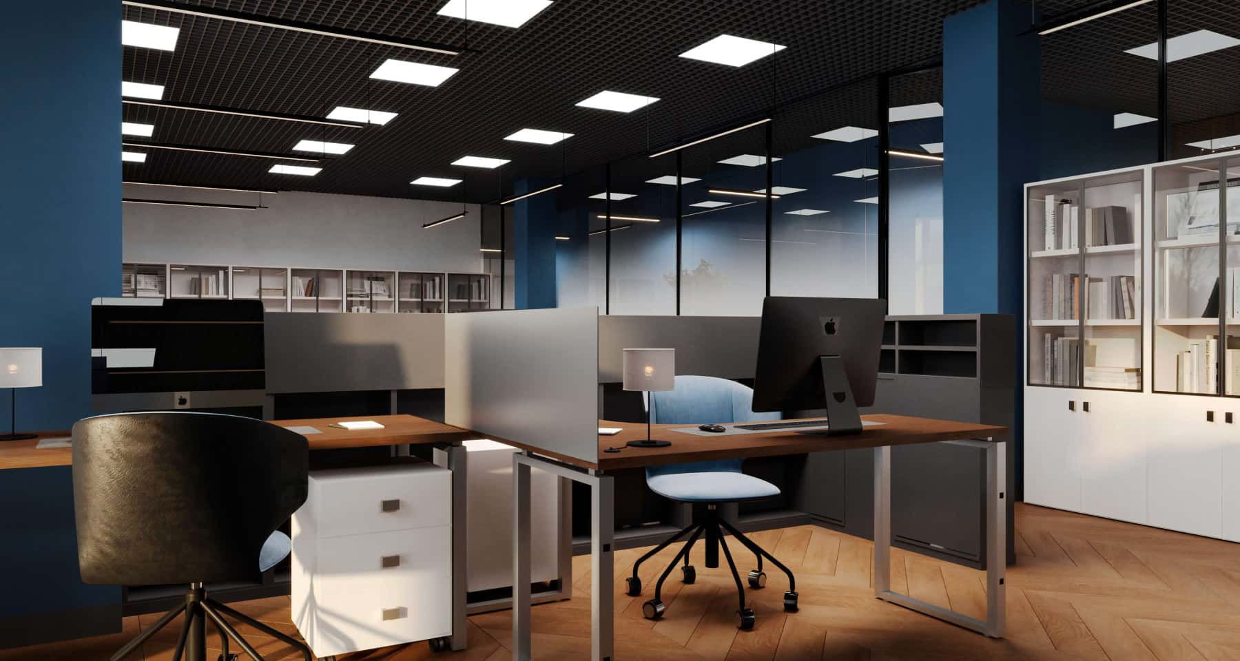 Сучасна кімната переговорів Перепланування офісу: стильна кімната для переговорів з сучасними меблями та обладнанням.