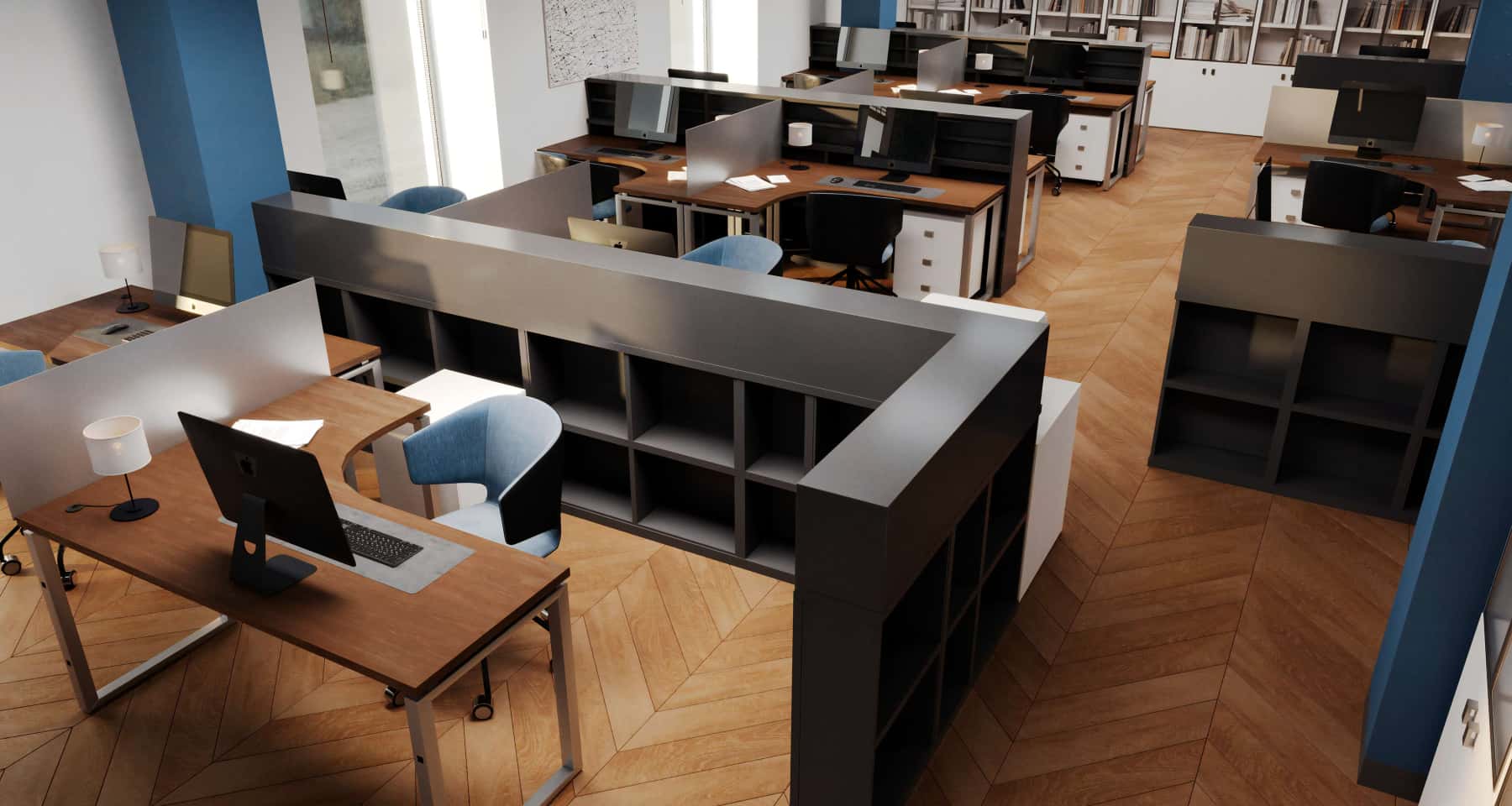 Ергономічний офісний простір Перепланування офісу: ергономічне робоче місце з регульованим столом та зручним кріслом для продуктивності.