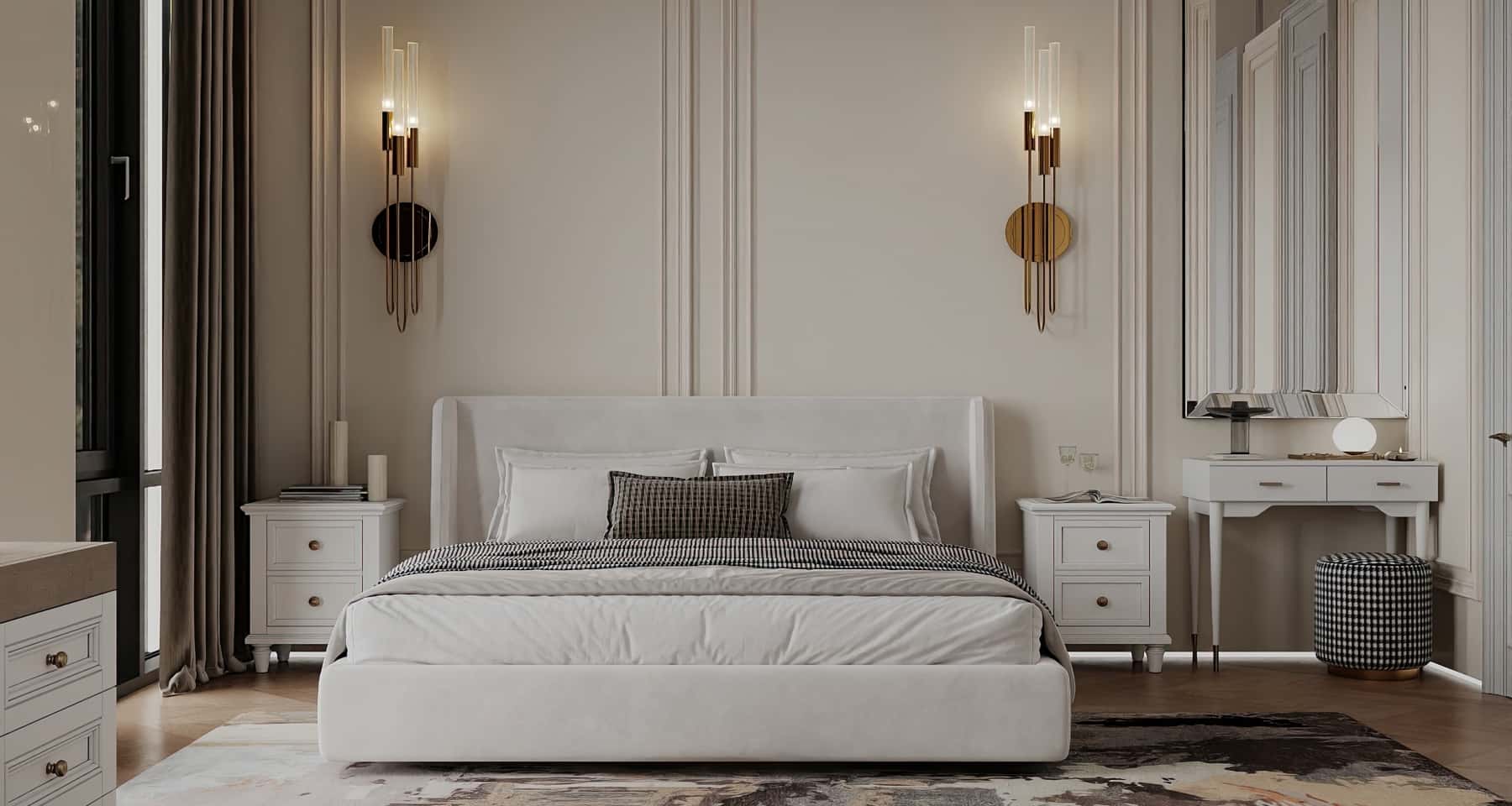 Деталі неокласичного інтер'єру: ліпнина на стінах та стильні світильники.