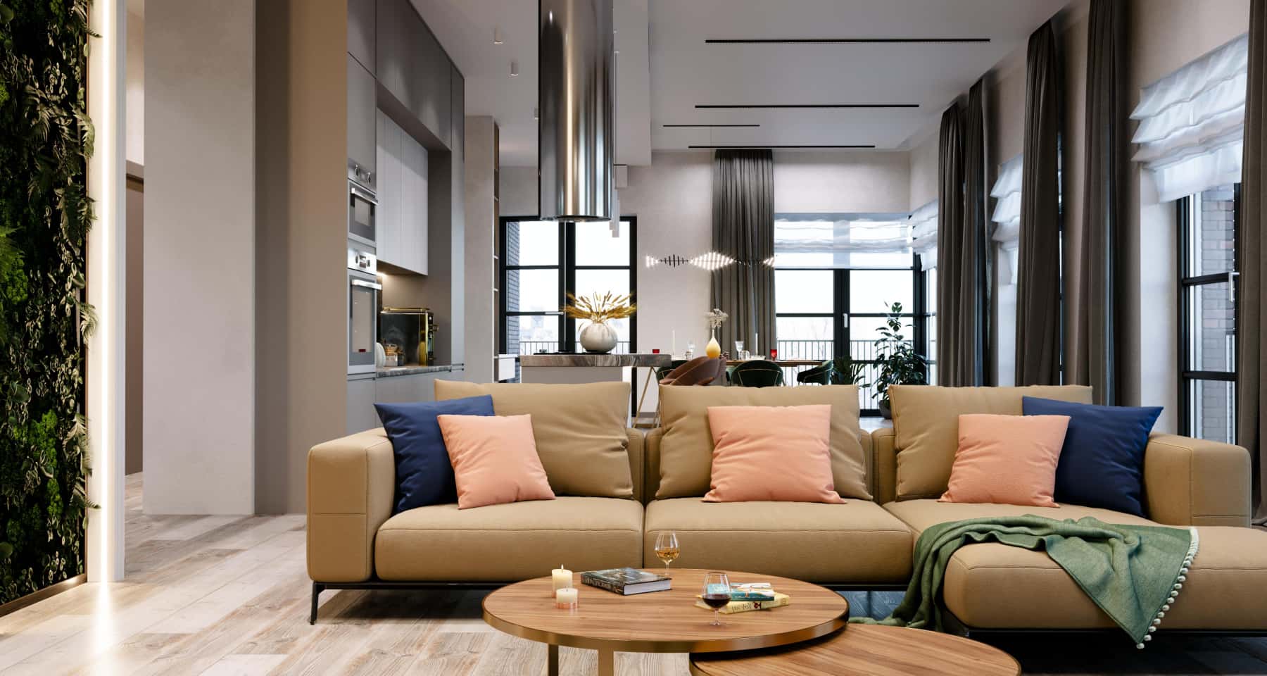 Простора вітальня в сучасному стилі з великим диваном та панорамними вікнами.