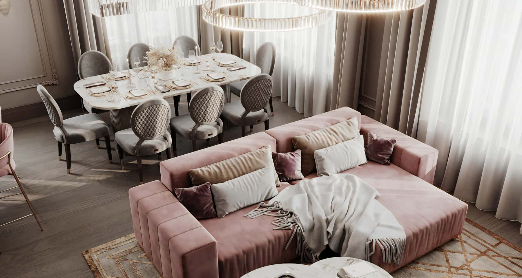 Інтер'єр квартири, де гармонійно поєднані арт-деко, мармур та природні кольори.