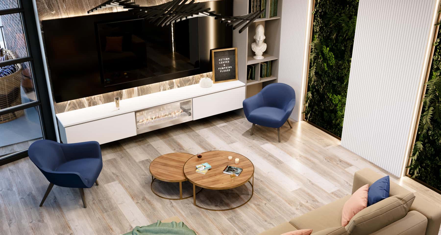 Сучасний дизайн квартири в Москві: світла вітальня з мінімалістичним декором та великими вікнами.