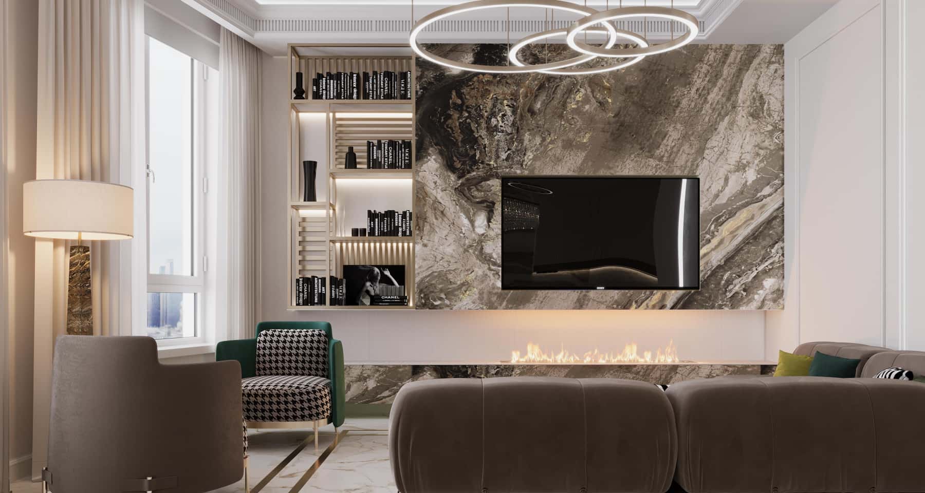 Інтер'єр квартири в стилі арт-деко з використанням природних тонів та мармуру.