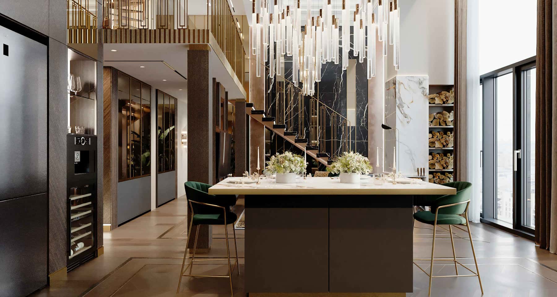 Арт-деко інтер'єр квартири: розкішна вітальня з каміном, натхнення для Києва.