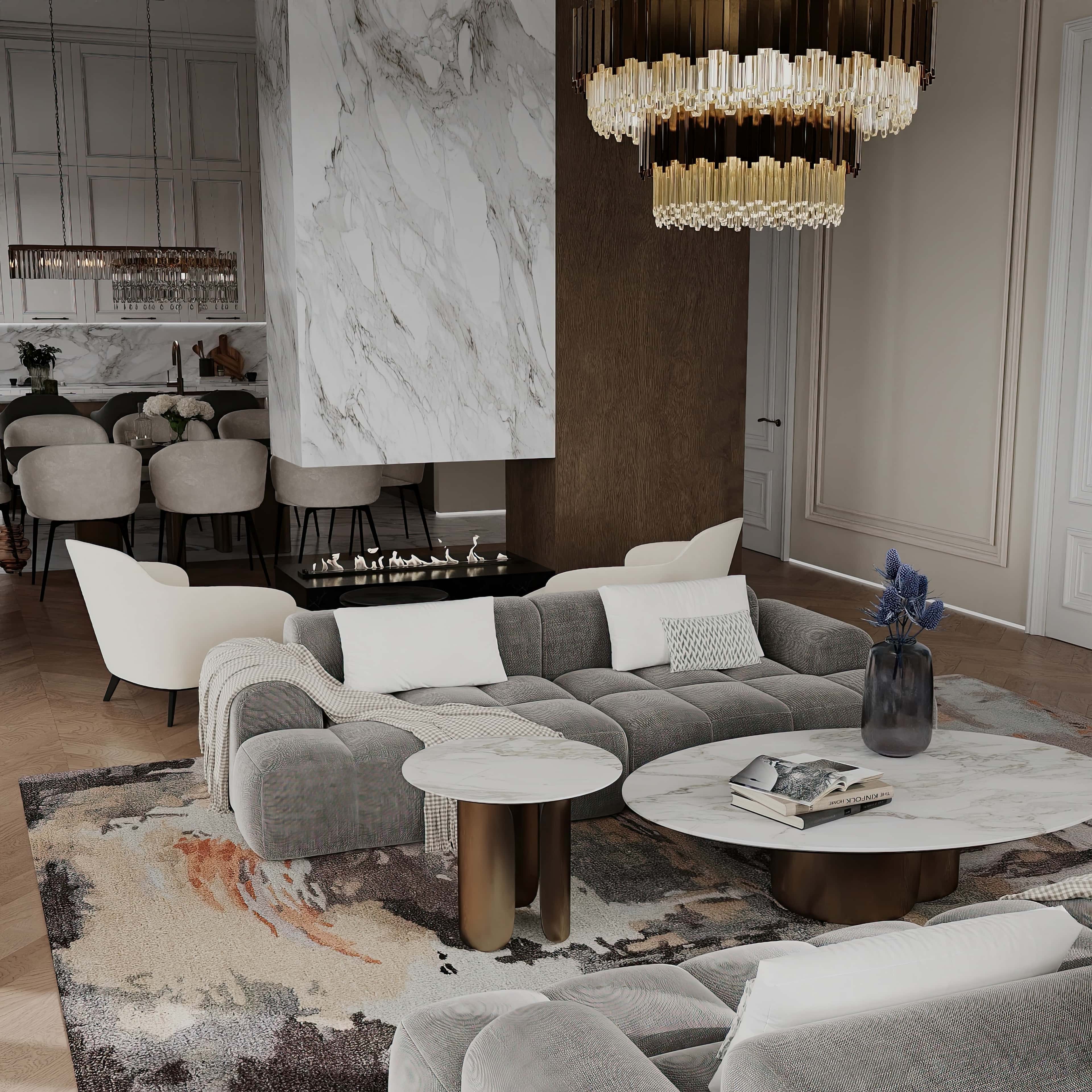 Сучасний інтер'єр з елементами неокласики: стильна вітальня з великими вікнами.