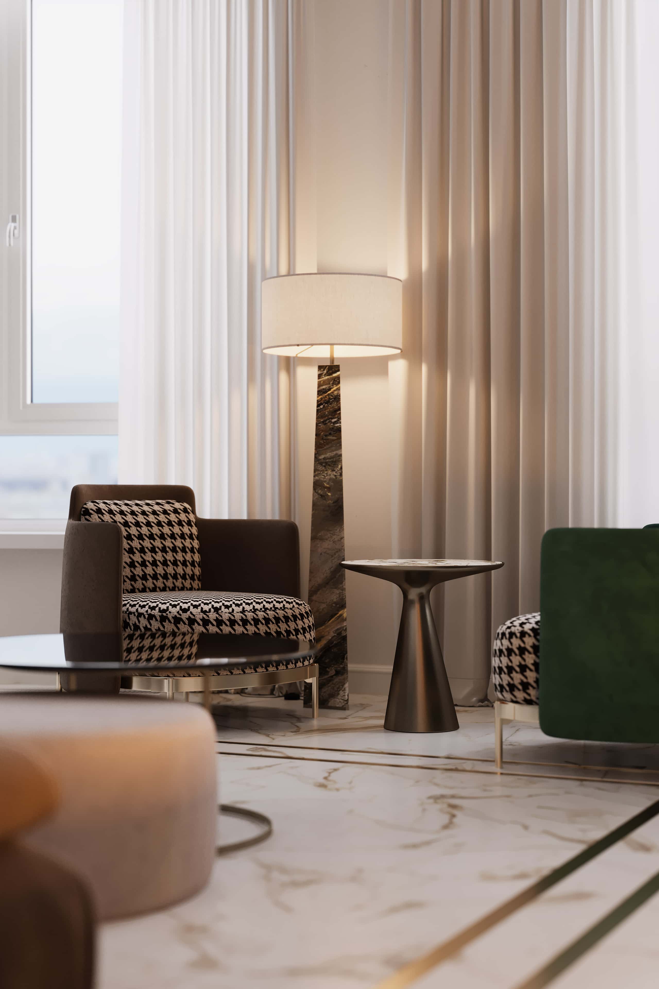 Сучасний дизайн спальні в стилі арт-деко з акцентом на природні відтінки.