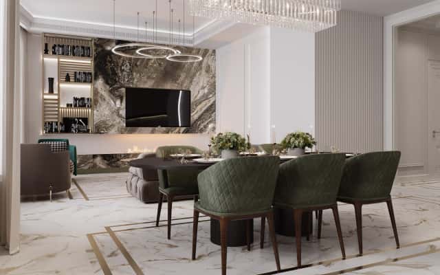 Інтер'єр квартири в стилі неокласика: розкішне освітлення та стильні меблі.