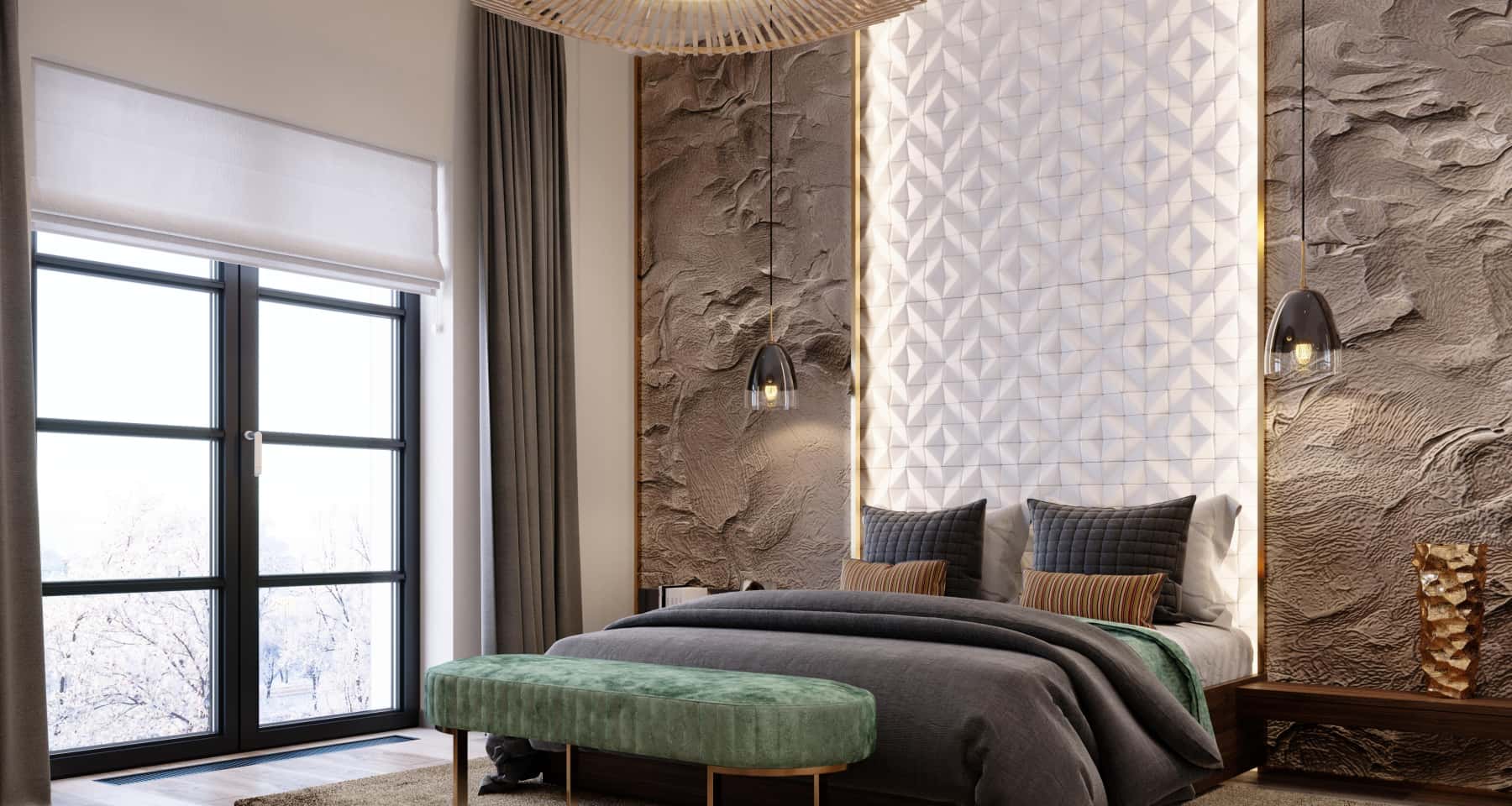 Дизайн спальні 2026: затишна атмосфера з використанням велюрової оббивки та м'якого освітлення.