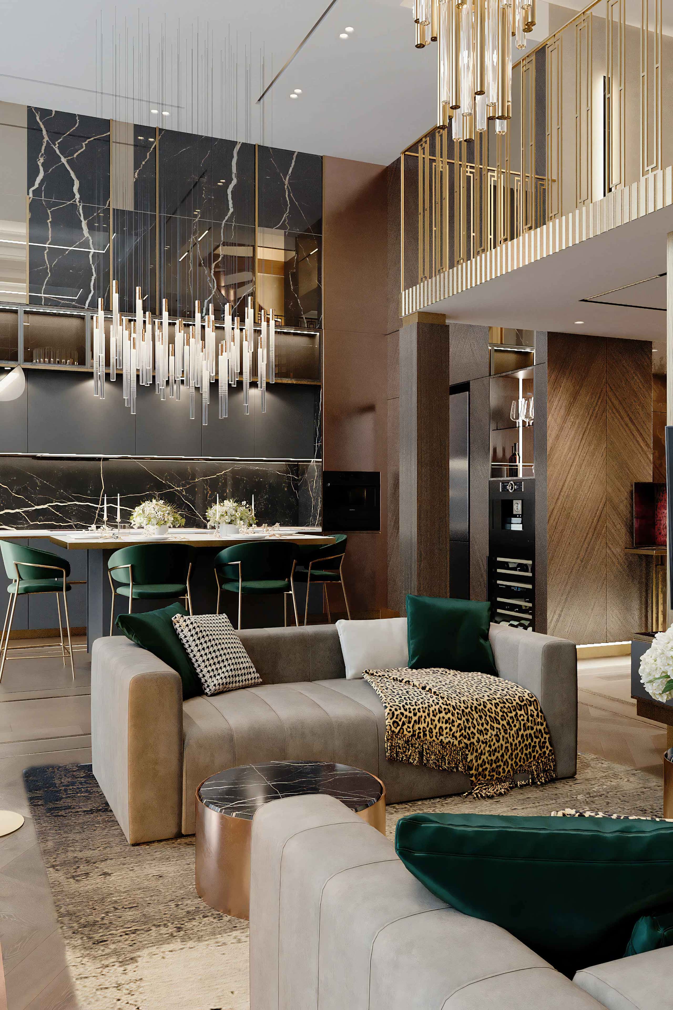 Дизайн квартири 2026: Обідня зона з круглим столом та елегантними стільцями в золоті.