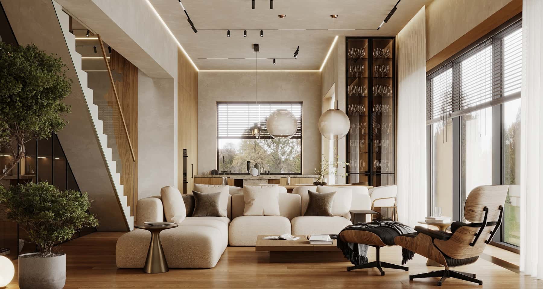 Дизайн кухні-їдальні в заміському будинку для сім'ї в стилі мінімалізм.