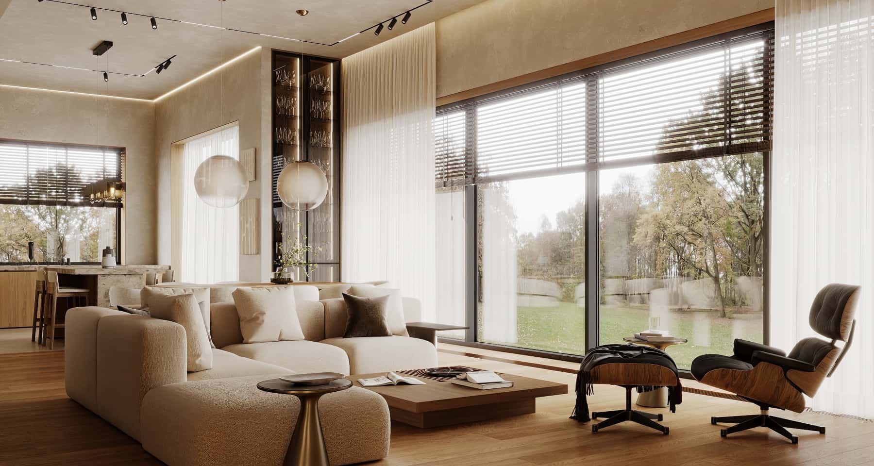 Інтер'єр вітальні в заміському будинку для великої сім'ї, сучасний стиль.