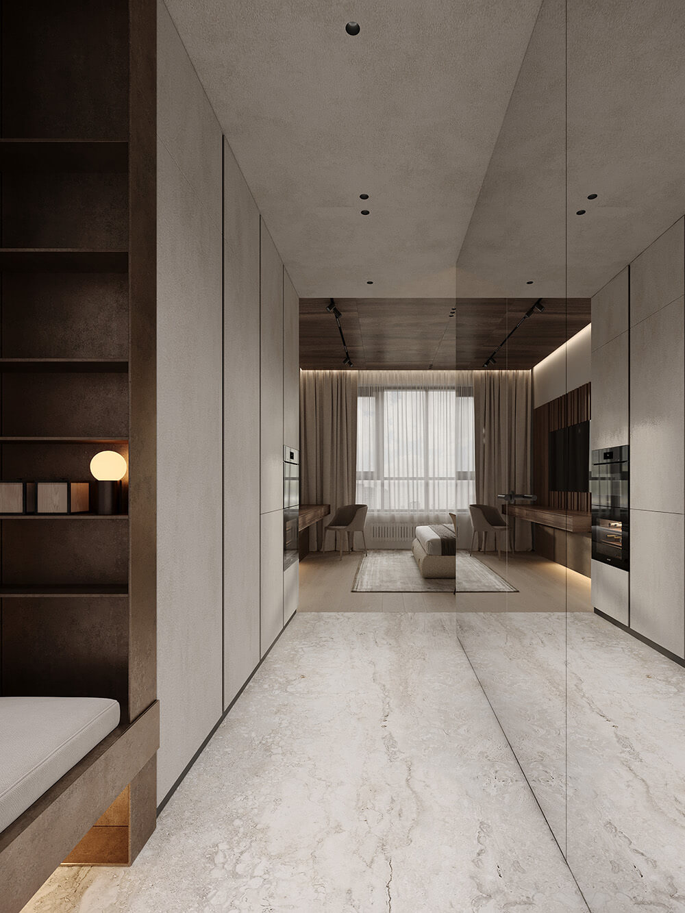 Сучасний дизайн передпокою з інтегрованими системами зберігання для максимальної функціональності.