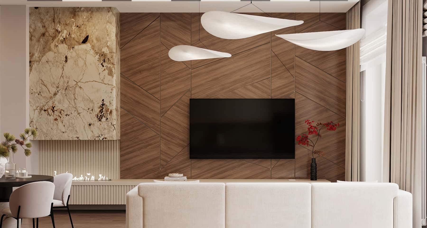 Багатофактурний інтер'єр будинку 2026 в сучасному стилі з велюровою оббивкою