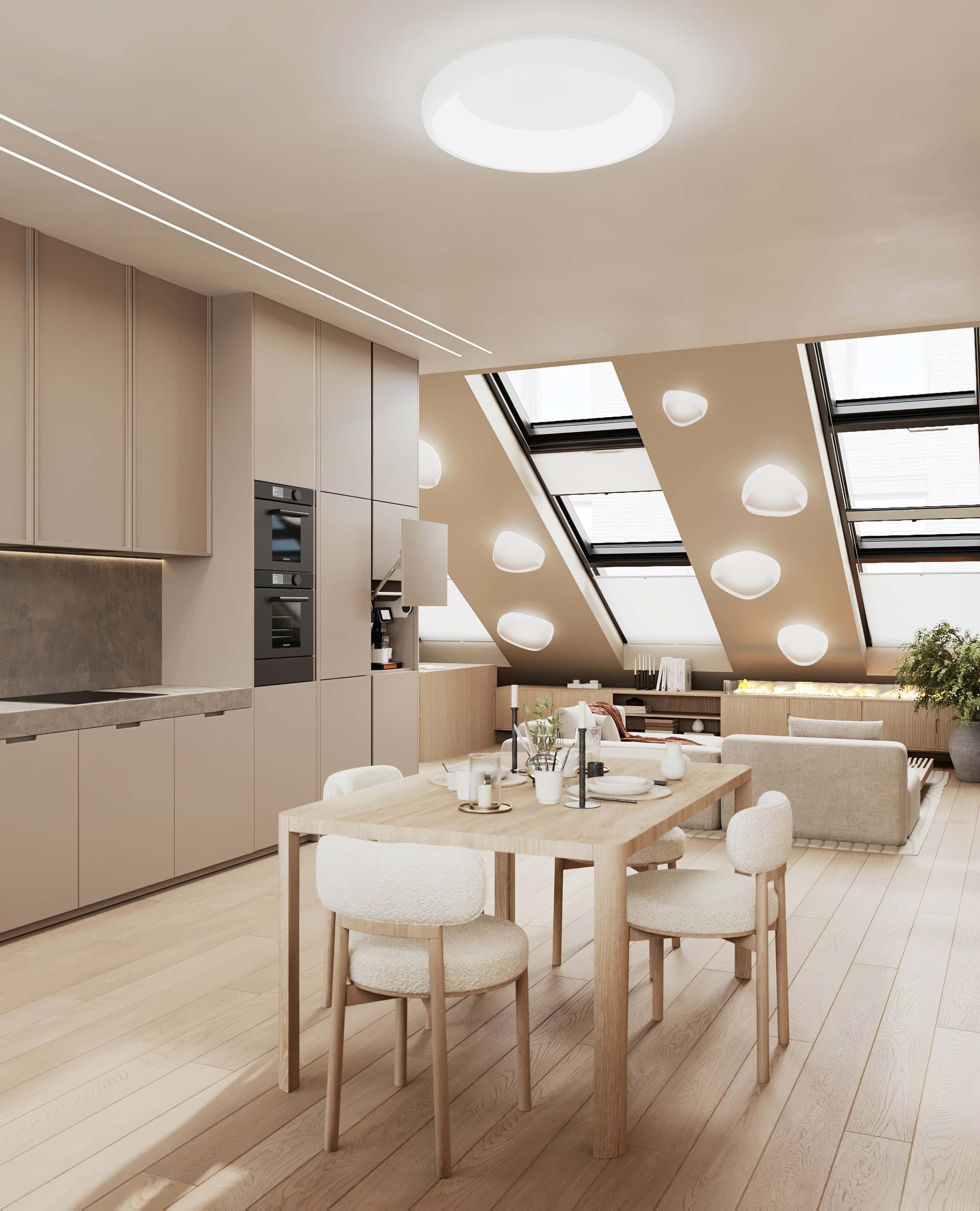 Інтер'єр вітальні в стилі джапанді з біокаміном та меблями для молодої сім'ї.