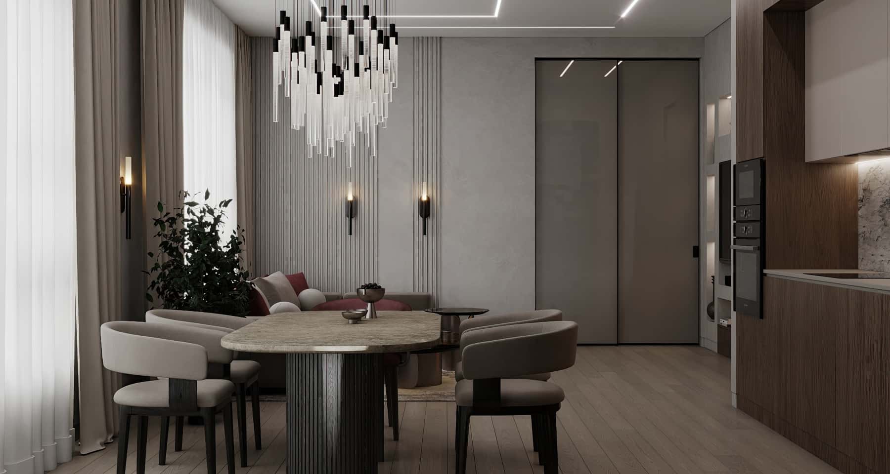 Деталі інтер'єру в стилі джапанді: керамічний посуд, дерев'яні елементи, живі рослини.