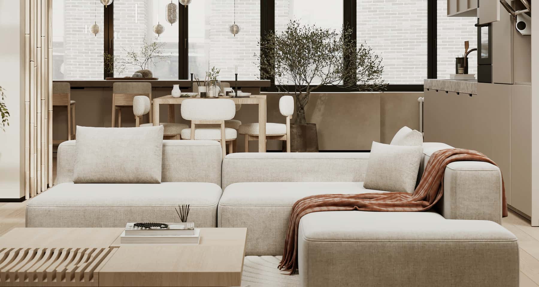 Дизайн квартири в стилі джапанді з акцентом на натуральні матеріали та мінімалізм.