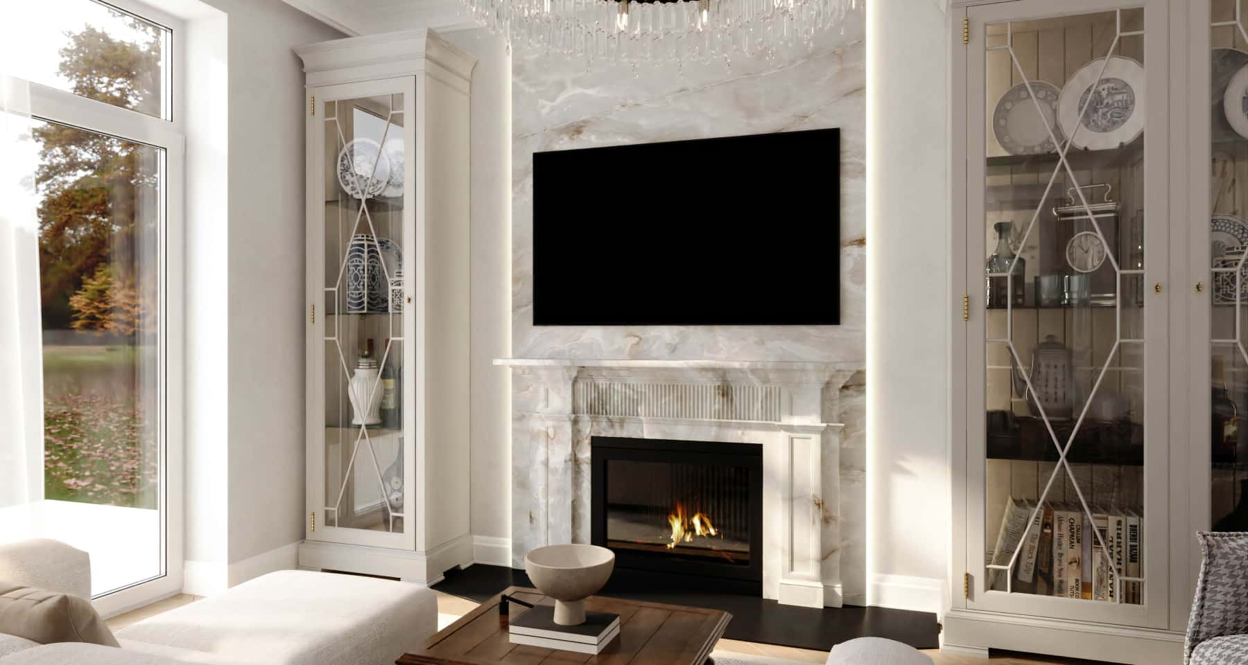 Дизайн неокласичного будинку 2026: світлі стіни, паркет, елегантні дивани та крісла