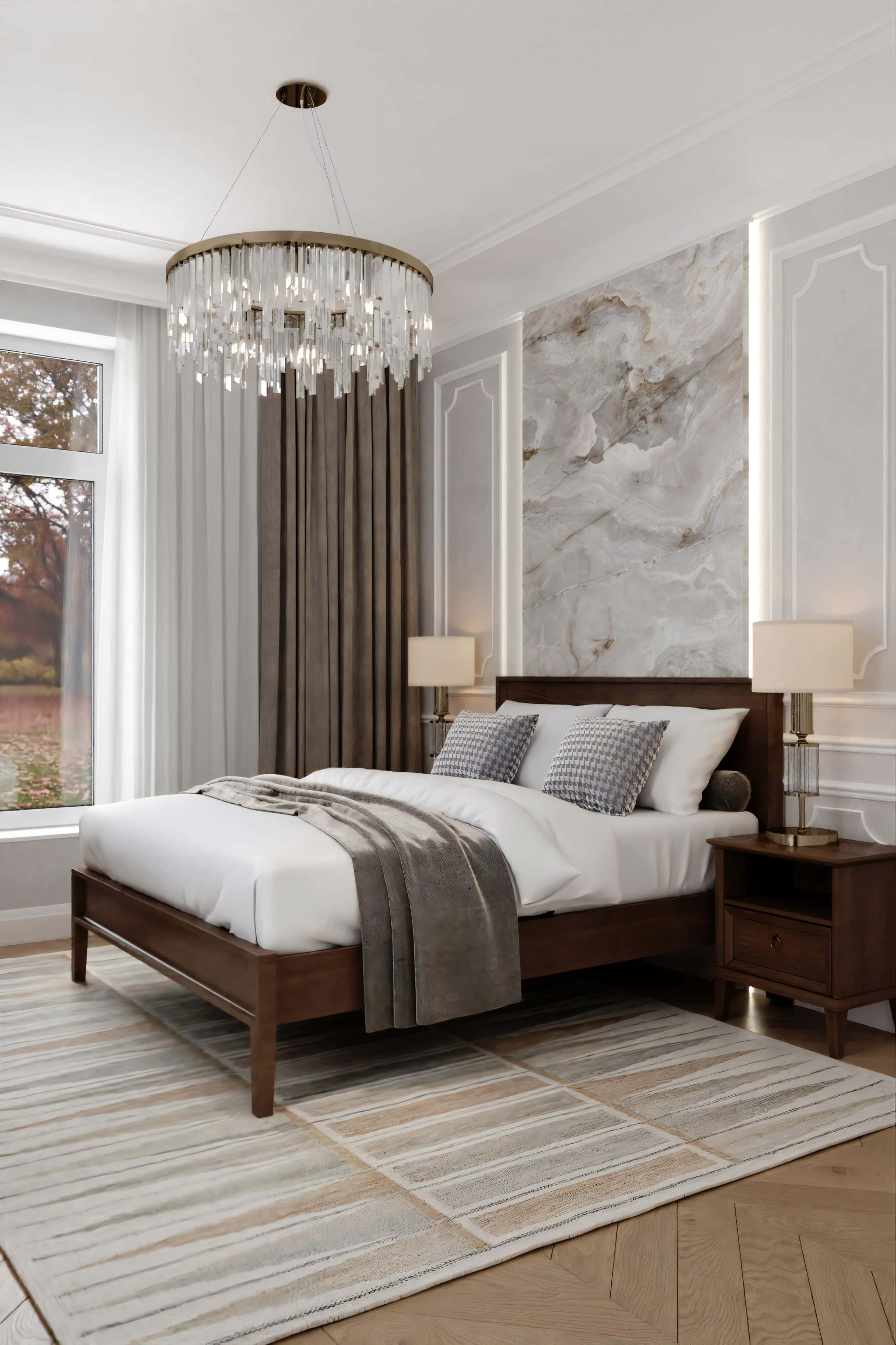 Світла спальня в неокласичному стилі 2026: ліжко, тумбочки, бра, спокійний дизайн