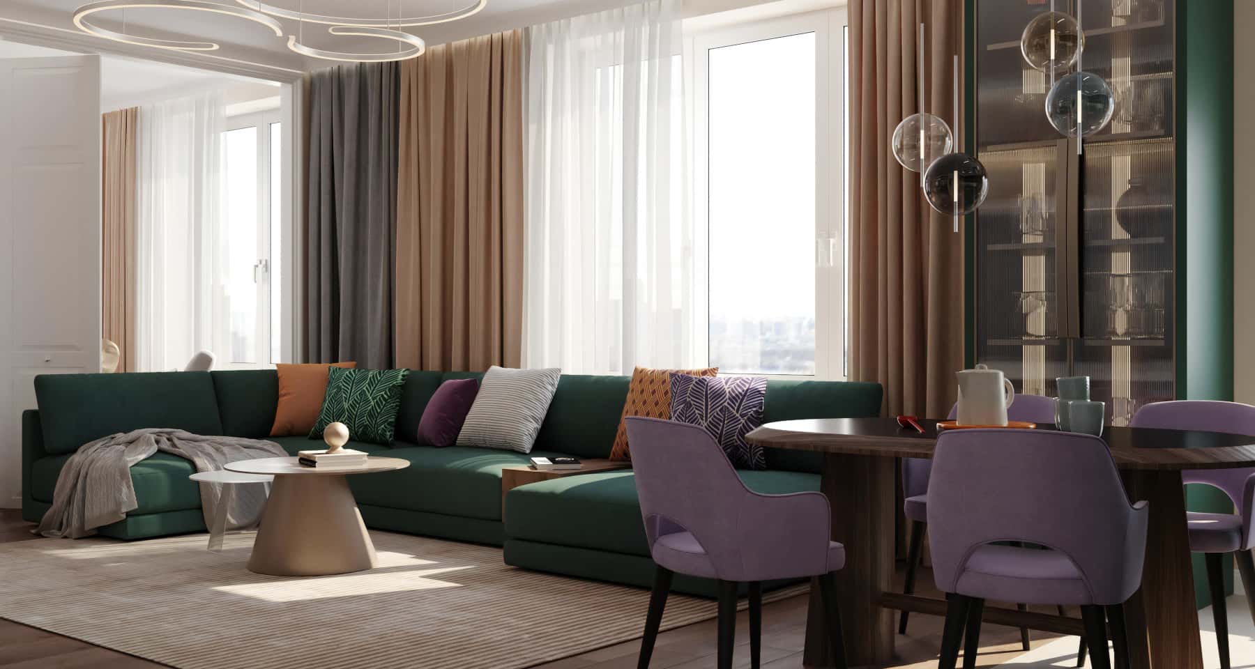 Світла палітра кольорів Інтер'єр 4-кімнатної квартири в світлих тонах з акцентами яскравих кольорів.