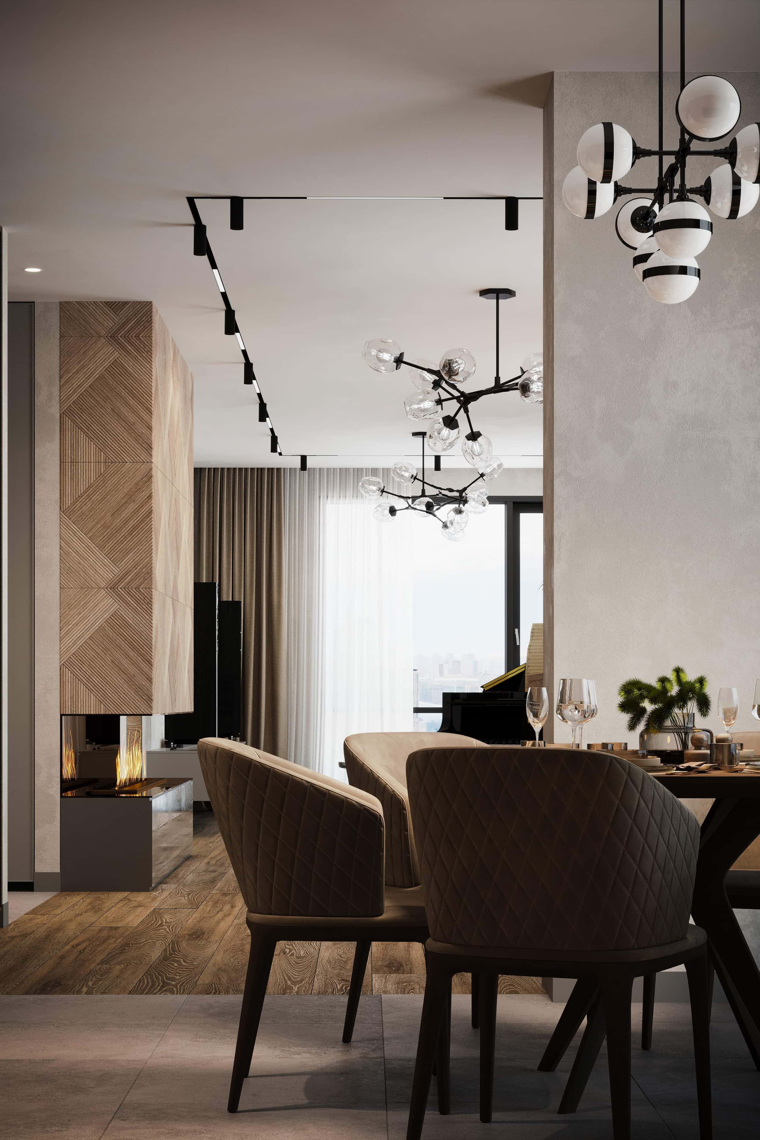 Кухня з барною стійкою Інтер'єр кухні-вітальні в 4-кімнатній квартирі з барною стійкою та сучасним освітленням