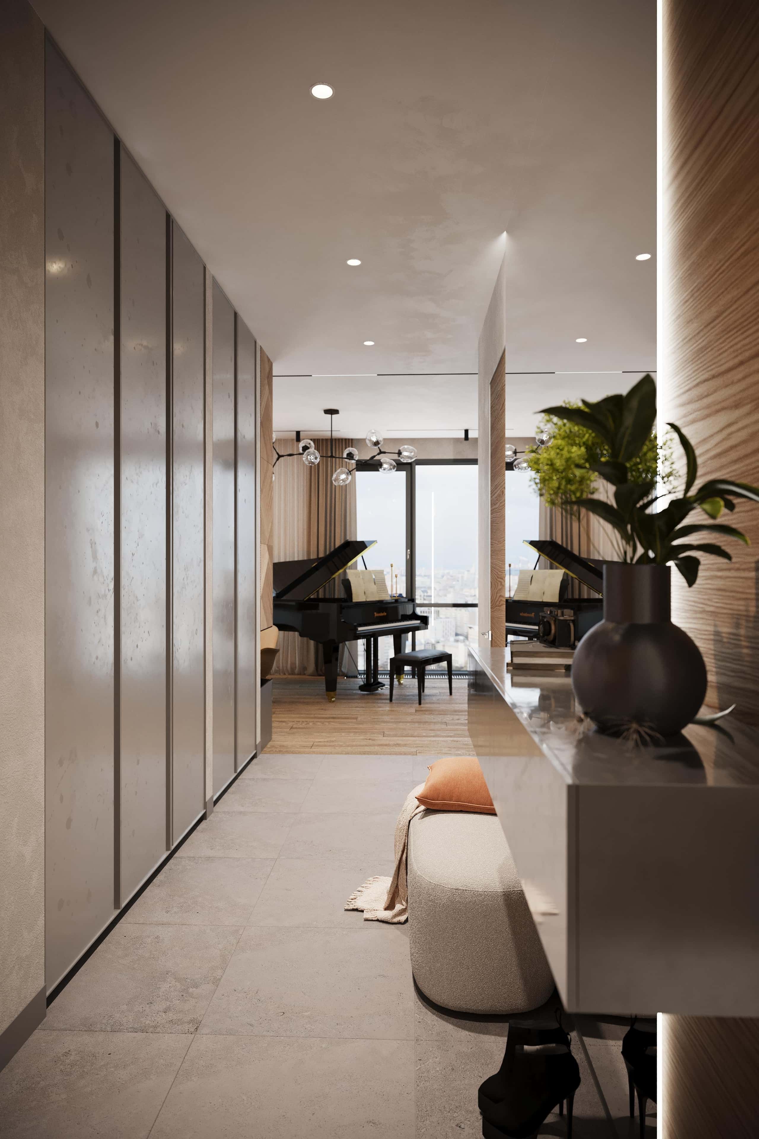 Вітальня з диваном Затишна вітальня з великим диваном та телевізором в дизайні 4-кімнатної квартири