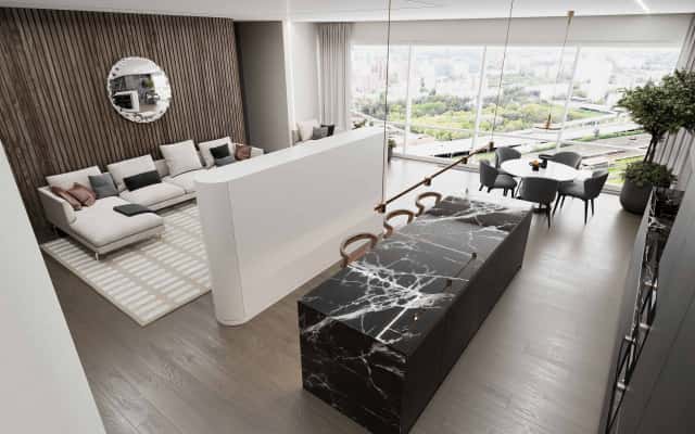 Кухня-вітальня Сучасний дизайн 4-кімнатної квартири з просторою кухнею-вітальнею та великими вікнами.