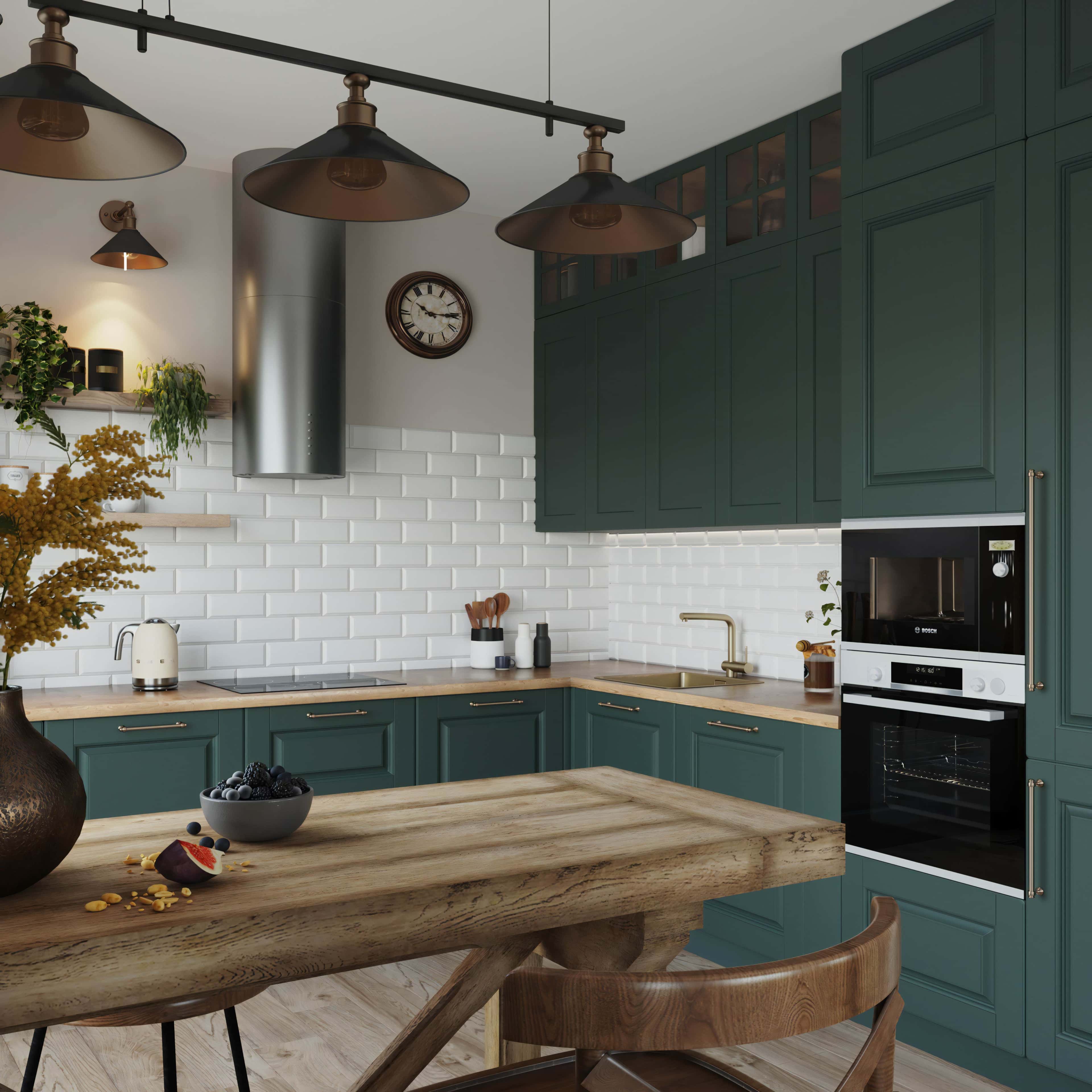 4-кімнатна: Кухня-вітальня Сучасний дизайн 4-кімнатної квартири з кухнею-вітальнею та великими вікнами.