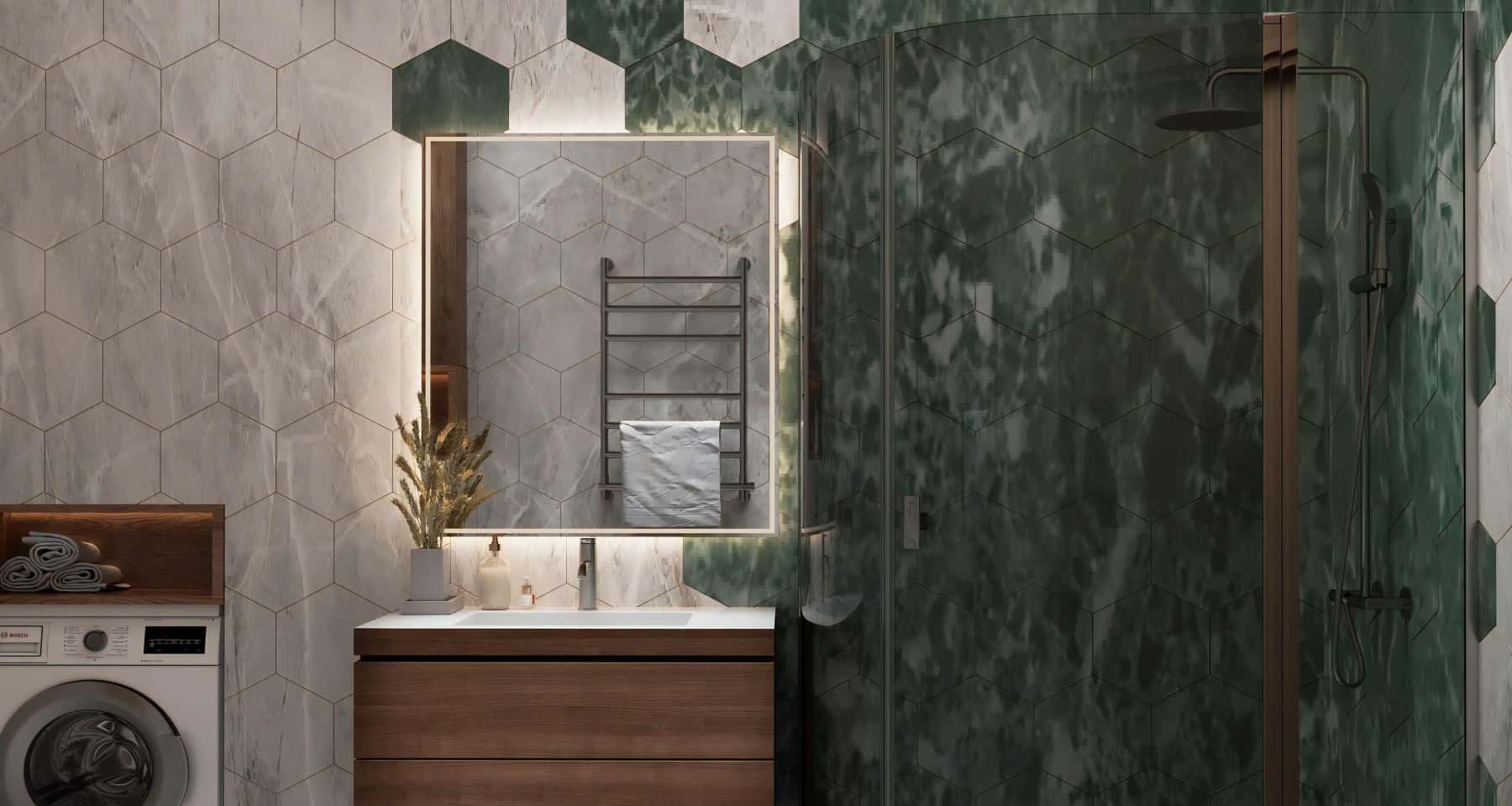 Темна релакс-зона Ванна кімната в темних тонах з використанням натурального каменю та дерева.