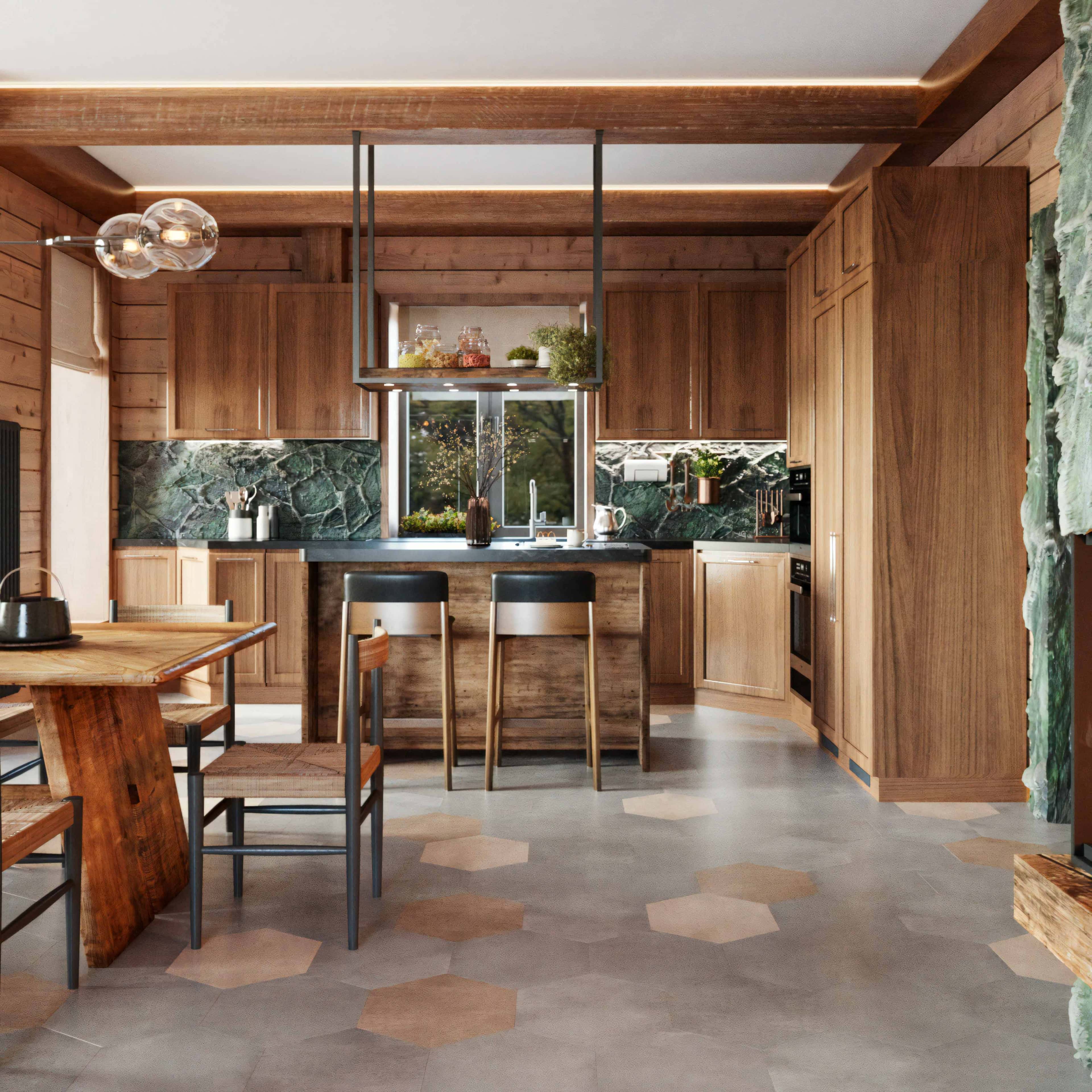 Шале в темних тонах Інтер'єр шале з темним деревом та каміном, атмосфера гірської розкоші.