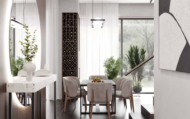 Сучасна темна елегантність Елегантний темний інтер'єр будинку з використанням сучасних меблів та освітлення.