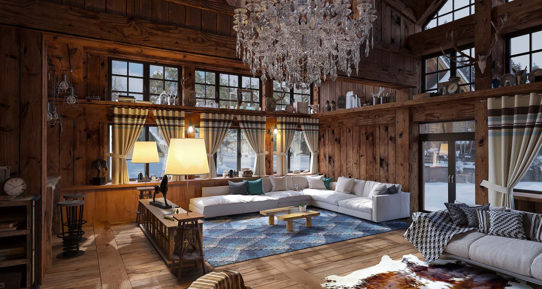 Затишок темного шале Інтер'єр шале в темних тонах з каміном та дерев'яними елементами.