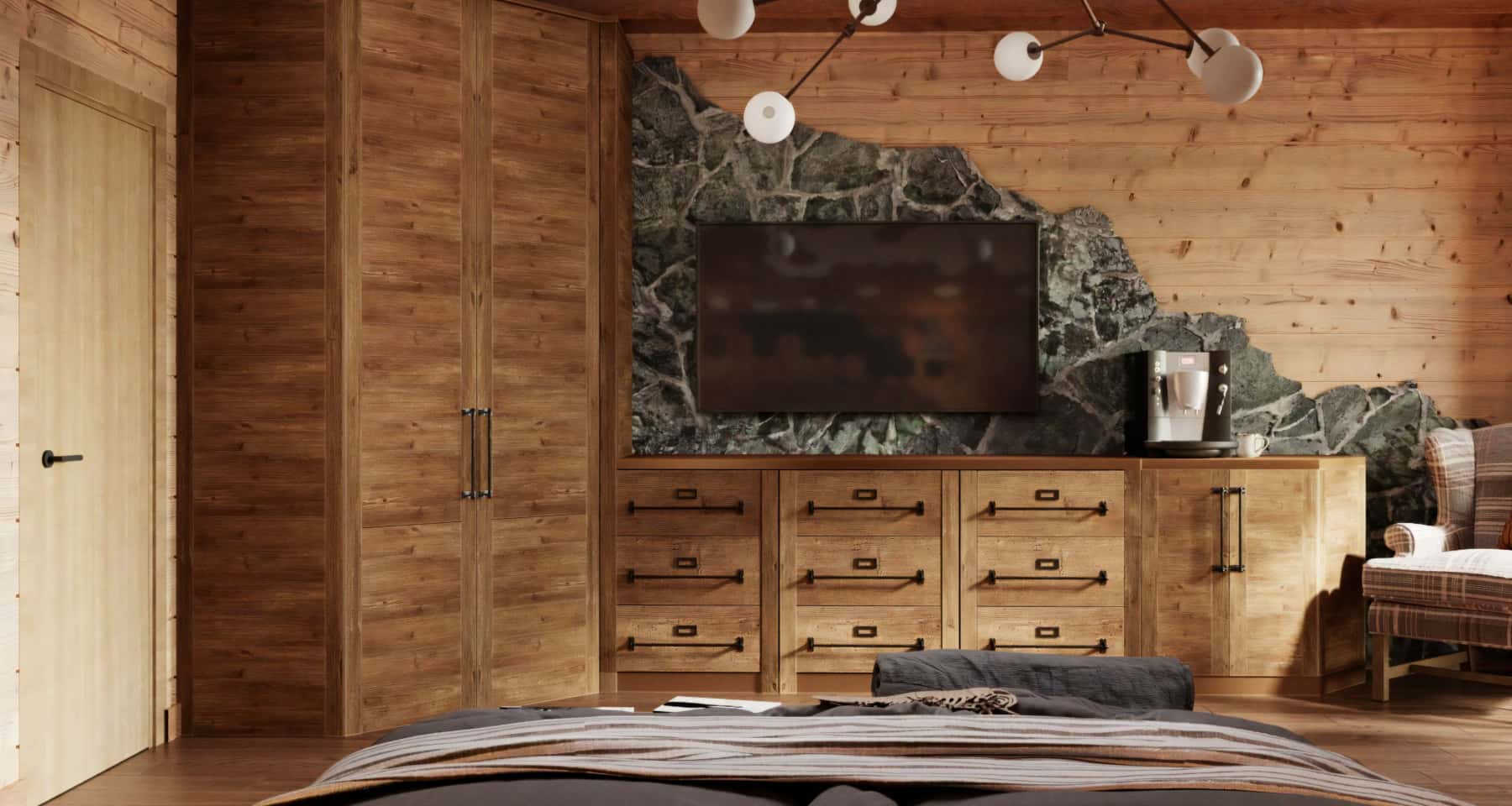 Темна розкіш спальні Темний дизайн спальні з великим ліжком та текстилем преміум-класу.