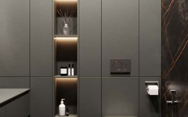 Природа і темрява Інтер'єр у темних тонах з великими вікнами та видом на природу.