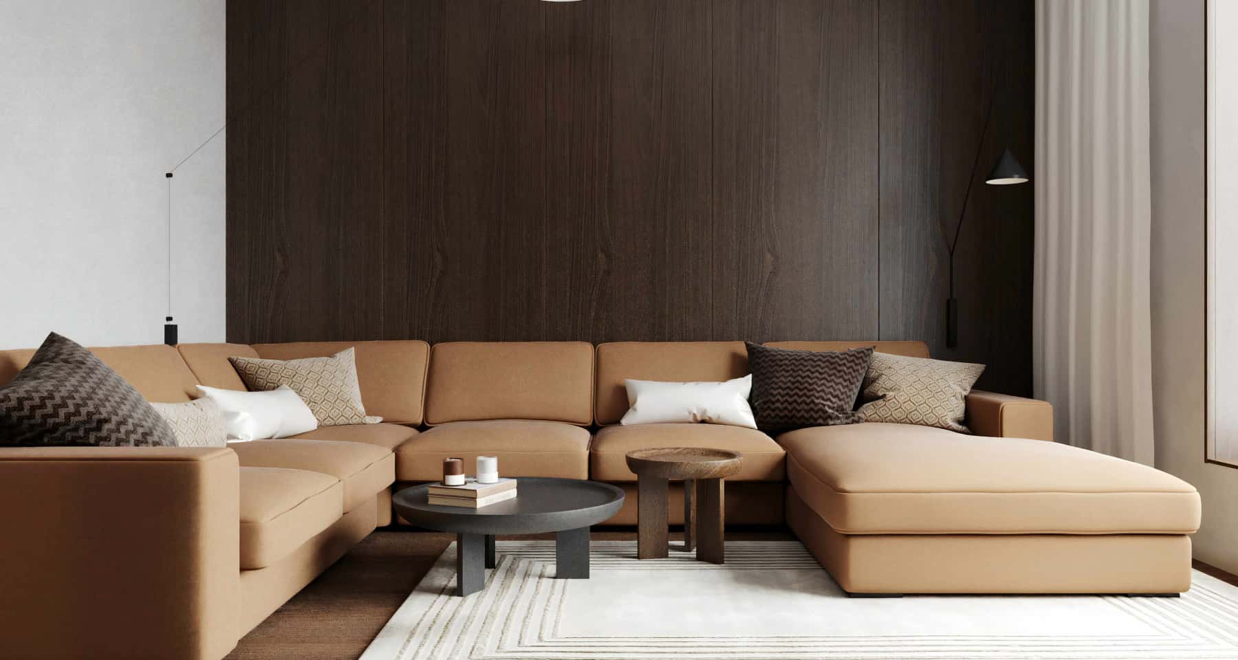 Темна елегантність вітальні Елегантний дизайн вітальні в темних тонах з каміном