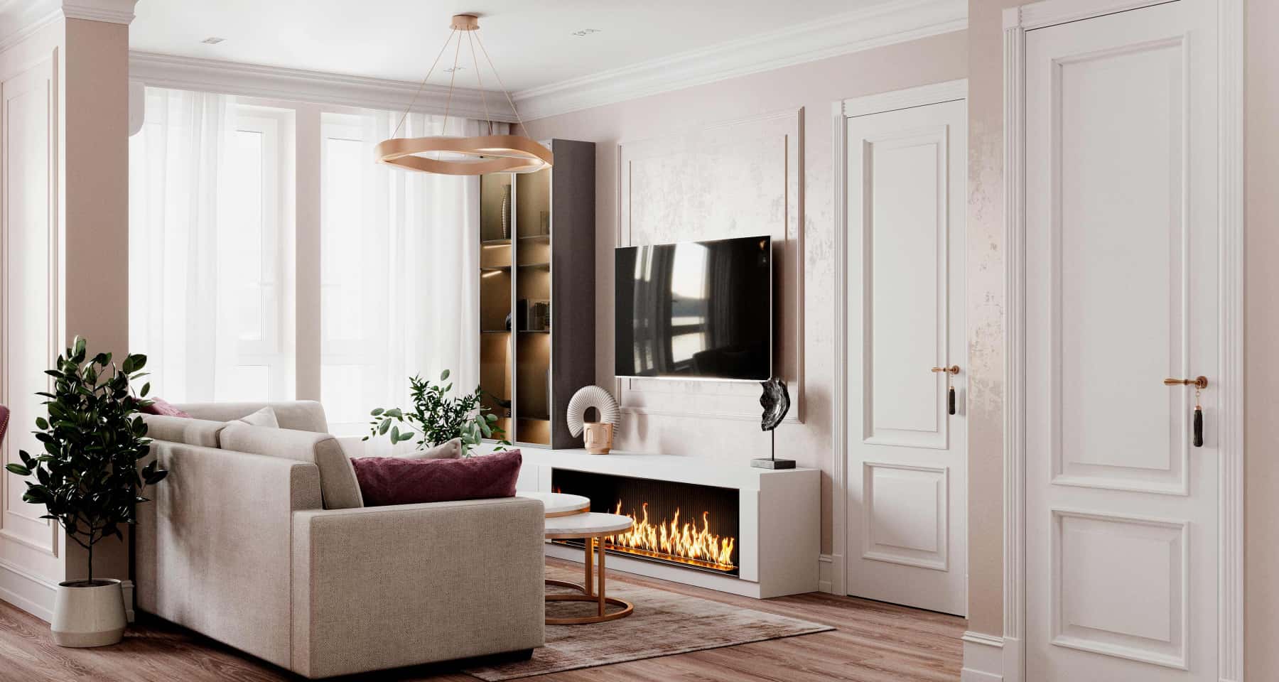 Дизайн двокімнатної квартири в неокласичному стилі: вітальня з диваном.